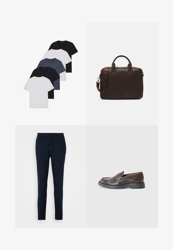 Set di cinque t-shirt in nero, bianco e blu navy. Tessuto di cotone, maniche corte, design a collo rotondo e texture semplice senza motivi.; Pantaloni jogger blu navy realizzati in tessuto morbido, con vita elastica, coulisse regolabile e design a gamba affusolata.; Mocassini in pelle marrone con finitura liscia, punta arrotondata, cuciture minime e suola spessa in gomma nera. Nessun hardware o accenti visibili.; Borsa per laptop in pelle marrone con superficie texturizzata, doppi manici superiori, cinturino regolabile e due fibbie frontali per un tocco di originalità.