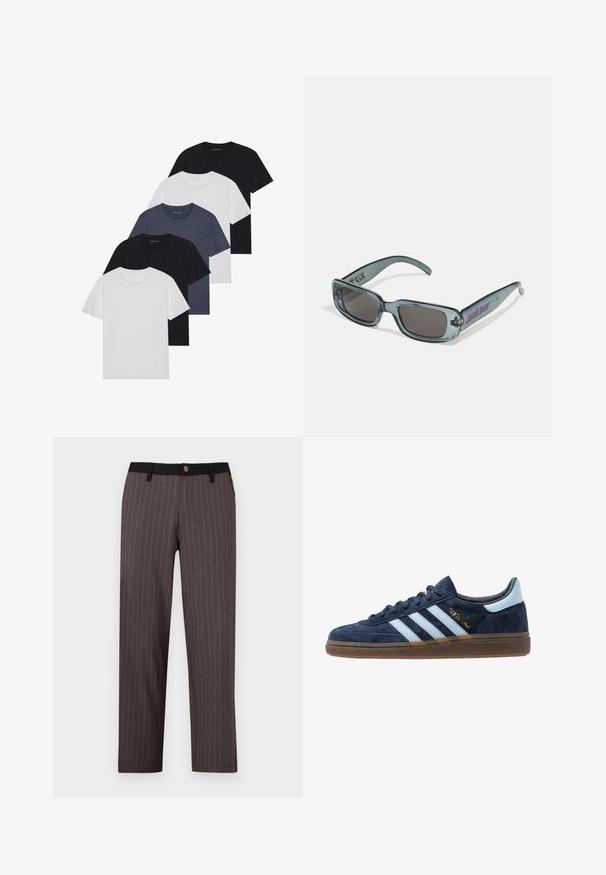 Viisi t-paitaa mustana, valkoisena ja tummansinisena. Puuvillakankainen, lyhyet hihat, pyöreä kaula-aukko ja yksinkertainen pinta ilman kuvioita.; Tummanharmaat housut, joissa on pystysuorat valkoiset raidat, mustalla vyötärönauhalla ja napilla kiinnitettävä. Suoranlahkeinen malli, sileä rakenne.; Adidaksen tummansininen mokkanahkakengät vaaleansinisin raidoitta, kumipohja, vaaleansininen kantatuki ja kultainen "Spezial" -merkintä sivussa.; Santa Cruz INFERNO UNISEX - Aurinkolasit - crystal black