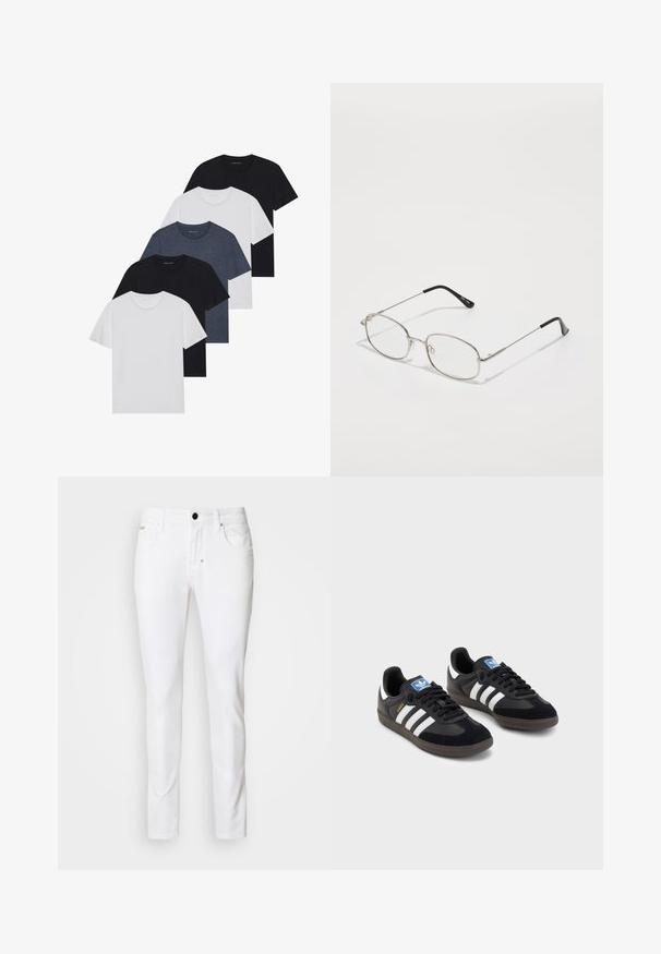 Öt fekete, fehér és tengerészkék póló készlet. Pamut anyag, rövid ujjak, kerek nyakú dizájn és sima textúra minták nélkül.; Fehér farmernadrág, egyenes szabással, klasszikus öt zsebes stílussal, fémből készült gombzárral és diszkrét varrási részletekkel.; Fekete sportcipők, velúrból és szintetikus anyagból készült felsőrésszel, három fehér csíkkal, textúrázott gumitalppal és kék logó címkével a nyelvén.; Fém szemüveg, ovális kerettel, ezüst keretekkel és tiszta lencsékkel. Hosszú, egyenes szárak fekete végzettel, minimális dizájn.