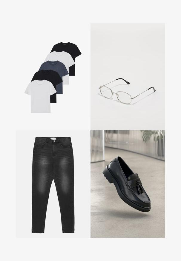 Piecu T-kreklu komplekts melnā, baltā un tumši zilā krāsā. kokvilnas audums, īsas piedurknes, apļveida kakla dizains un vienkārša faktūra bez rakstiem.; Melnas džinsus bikses ar nodilušu mazgāšanu, augstu jostasvietu, piecu kabatu dizainu un sudraba aksesuāriem. Taisna kāju griezums ar kontrastējošiem šuvju elementiem.; Melnas ādas loaferi ar gludu apdari, dekoratīvu bārkstīm, biezu gumijas zolīti un izšūtām detaļām. Viegls un elegants dizains.; Metāla briļļu rāmis ar ovālu formu, sudraba apmale un caurspīdīgi stikli. Šauras, taisnas kājas ar melniem galiem, minimālisma dizains.