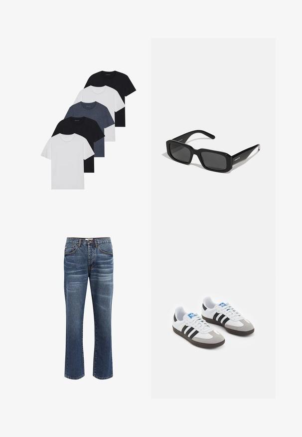Set petih majic v črni, beli in mornarsko modri barvi. Bombažni material, kratki rokavi, krojen vrh z okroglim izrezom ter enostavno teksturo brez vzorcev.; Jeans iz denima v temno modri barvi s rahlim zbledanjem. Imajo pet žepek, zapiranje na gumb in šivano obrobje.; Športni čevlji z belim usnjenim zgornjim delom, sivim semišem na prstih in tremi črnimi črtami. Imajo modro logo na jeziku in teksturiran gumijast podplat.; Arnette THEKIDD UNISEX - Sončna očala - black
