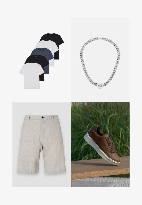 Penki marškiniai juodos, baltos ir mėlynos spalvos. Pagaminti iš medvilnės, trumpomis rankovėmis, su apvaliu kaklu, be raštų.; Smėliniai lininiai šortai su lygiu paviršiumi, su vienu mygtuko užsegimu, diržo kilpomis ir tiesia kontūra, siekiančia vidurinę šlaunies dalį.; Rudos odinės sportinės bateliai su balta guma padais, suapvalinta nosimi ir rudomis raišteliais. Tekstūruota atrama ant padais ir lygus paviršius viršuje.; Sidabrinė grandinėlė su storomis jungtimis ir centriniu apvaliu pakabuku su sudėtingais raštais. Lygi, atspindinti metalinė paviršius.