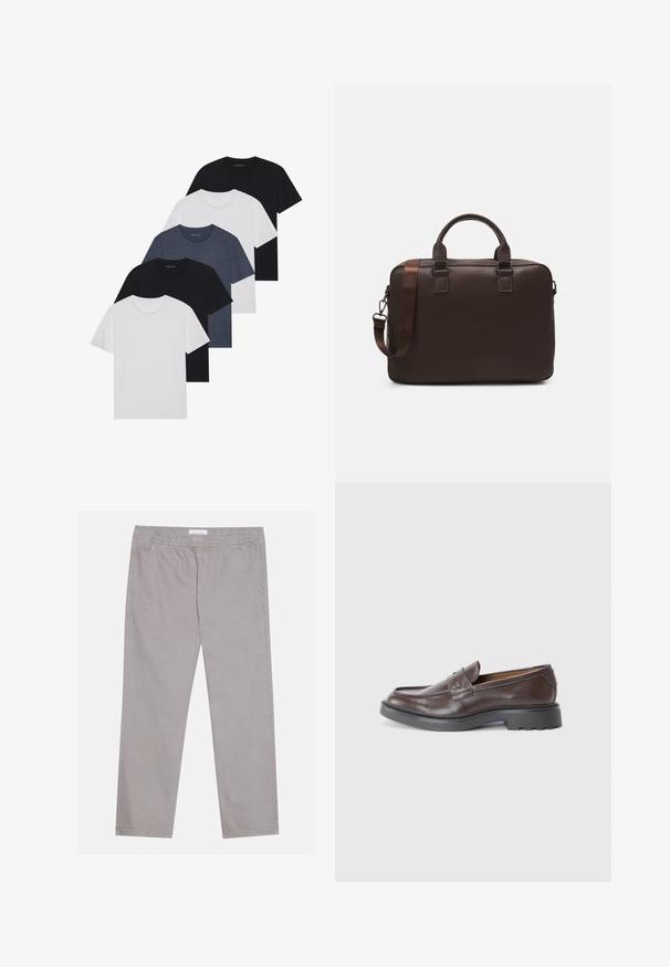 Set of five t-shirts in black, white, and navy blue. Cotton fabric, short sleeves, crew neck design, and plain texture with no patterns.; Light gray cotton pants with an elastic waistband, two side pockets, straight leg design, and a smooth texture. Simple stitching detail.; Brown leather loafers with a smooth finish, round toe, minimal stitching, and a thick black rubber sole. No visible hardware or accents.; Brown leather laptop bag with a textured surface, dual top handles, adjustable strap, and two front buckles for added detail.