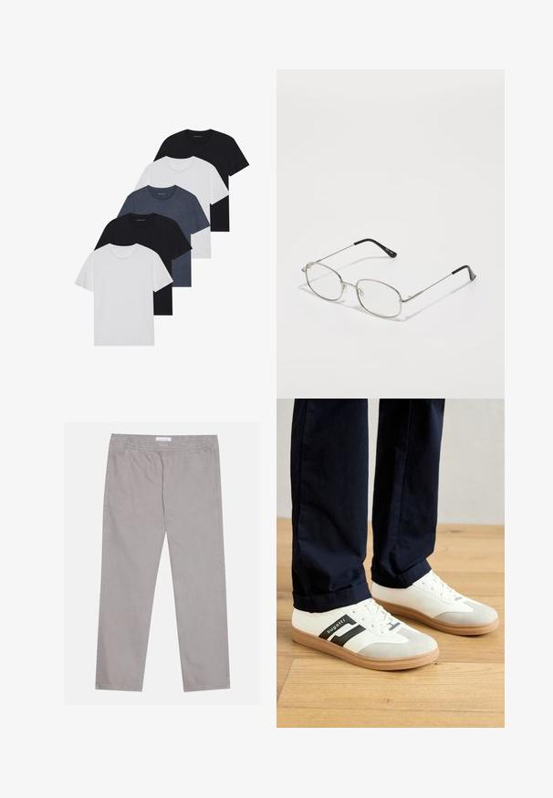 Set aus fünf T-Shirts in Schwarz, Weiß und Marineblau. Baumwollstoff, kurze Ärmel, Rundhalsausschnitt und schlichte Textur ohne Muster.; Hellgraue Baumwollhose mit elastischem Bund, zwei seitlichen Taschen, geradem Beinschnitt und glatter Textur. Simple Nahtdetails.; Weiße und graue Turnschuhe mit schwarzen Streifen, aus Leder gefertigt, mit einer Gummisohle und flachen Schnürsenkeln. Kombiniert mit blauen Hosen auf einem Holzboden.; Metallbrille mit ovalem Rahmen, silbernen Fassungen und klaren Gläsern. Schmale, gerade Bügel mit schwarzen Enden, minimalistisches Design.