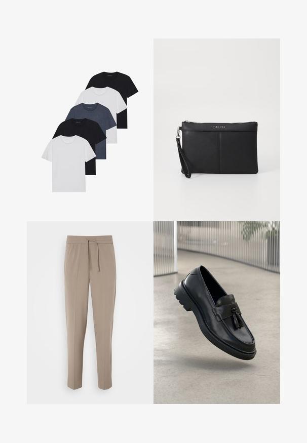 Öt fekete, fehér és tengerészkék póló készlet. Pamut anyag, rövid ujjak, kerek nyakú dizájn és sima textúra minták nélkül.; Világos bézs nadrág, rugalmas derékkal, állítható húzózsinórral és tapered lábakkal. Az anyag simának tűnik, enyhe fénylással.; Fekete bőrből készült mokaszinok sima felülettel, díszes bojttal, vastag gumitalppal és varrott részletekkel. Könnyű és elegáns kialakítás.; Fekete szintetikus pénztárca cipzárral, csuklópánttal és sima felülettel. Finom varrás és a logó dombornyomott a fronton.