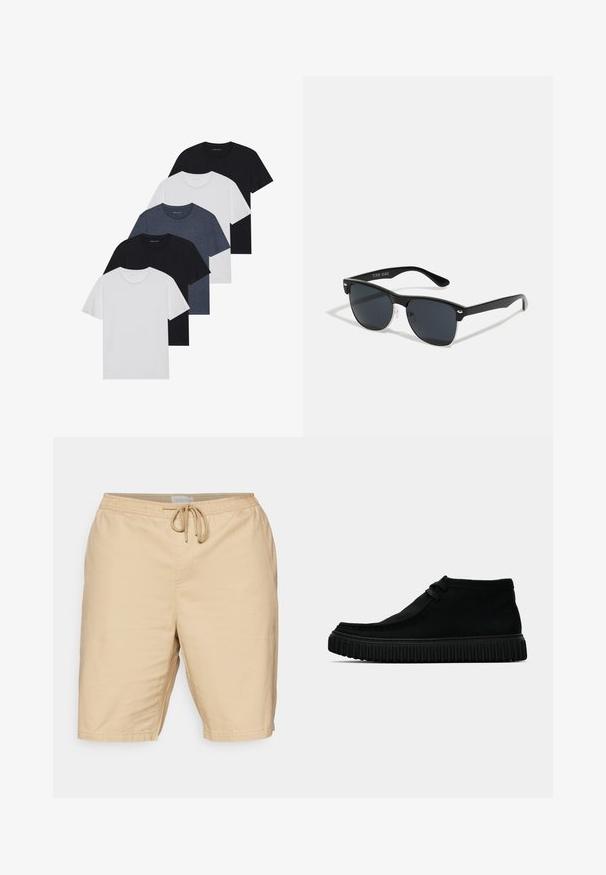 Set aus fünf T-Shirts in Schwarz, Weiß und Marineblau. Baumwollstoff, kurze Ärmel, Rundhalsausschnitt und schlichte Textur ohne Muster.; Helle beige Shorts aus einem glatten Stoff, mit einem elastischen Bund und Kordelzug sowie Seitentaschen.; Schwarze Knöchelschuhe aus weichem Material, mit runder Spitze, minimaler Schnürung und einer strukturierten Gummisohle mit vertikalen Rillen.; Schwarze Sonnenbrille mit rechteckiger Form, dunklen Gläsern, silbernen Akzenten an den Bügeln und mattierter Oberfläche des Rahmens.
