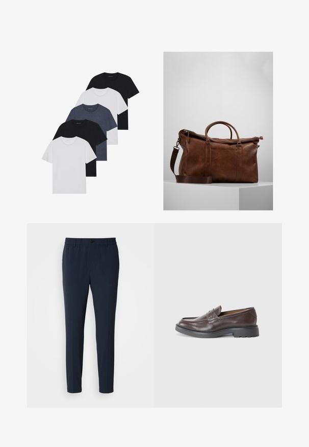 Sæt af fem t-shirts i sort, hvid og marineblå. 100% bomuldsstof, korte ærmer, rund halsudskæring og ensartet overflade uden mønstre.; Mørkeblå, lige ben bukser med elastisk talje, der har en frontknaplukning og en glat stofstruktur.; Brune læder loafers med en glat overflade, rund tå, minimal syning og en tykk sort gummisål. Ingen synlig hardware eller accenter.; Brun læder gymtaske med lynlåslukning, dobbelte håndtag, justerbar skulderrem og synlige teksturmønstre på overfladen.