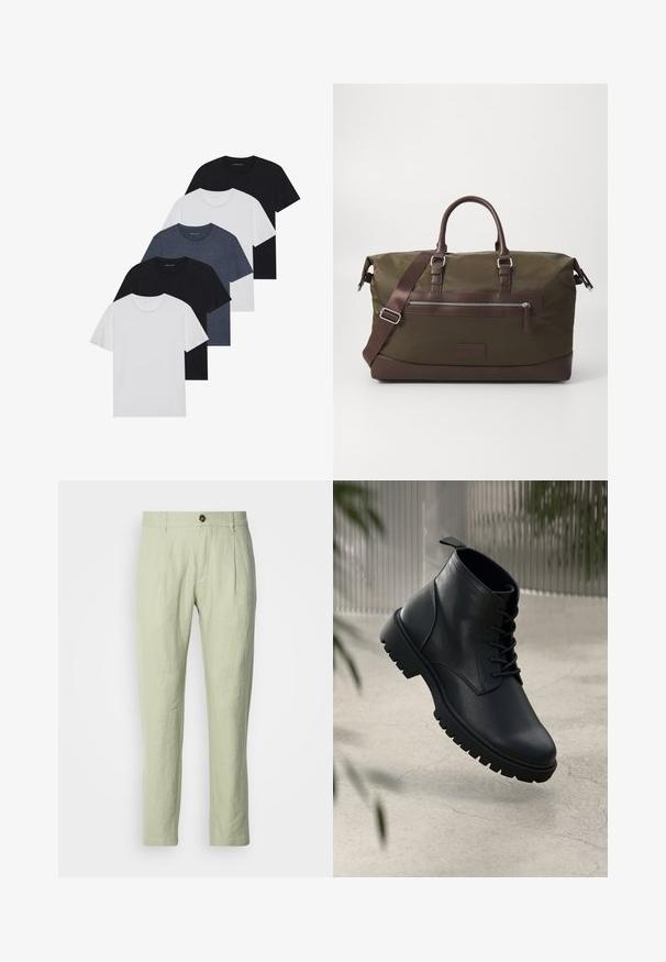 Sæt af fem t-shirts i sort, hvid og marineblå. 100% bomuldsstof, korte ærmer, rund halsudskæring og ensartet overflade uden mønstre.; Lys grønne linnedbukser med lige pasform, der har en frontlukning med knap, to frontlommer og en glat tekstur.; Sorte læder ankelstøvler med rund tå, snørebåndsdesign og robust gummisål. Glat tekstur med en løkke bagpå.; Canvas duffel bag i olivengrøn med brune læderdetaljer, der har dobbelte hanke, en aftagelig skulderrem og en frontlomme med lynlås.