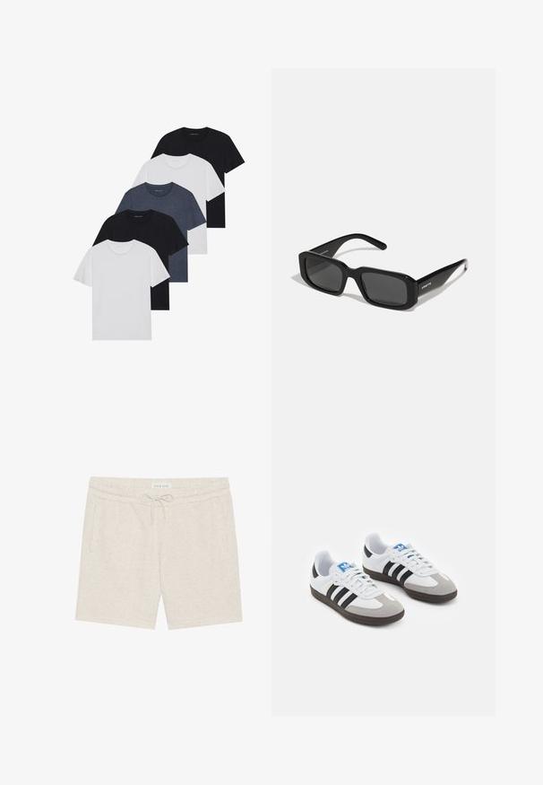 Set di cinque t-shirt in nero, bianco e blu navy. Tessuto di cotone, maniche corte, design a collo rotondo e texture semplice senza motivi.; Pantaloni corti beige chiaro realizzati in un materiale morbido, con vita regolabile a cordino, tasche laterali e una leggera texture a macchie.; Scarpe sportive con tomaia in pelle bianca, punta in suede grigia e tre strisce nere. Presentano un logo blu sulla linguetta e una suola in gomma testurizzata.; Arnette THEKIDD UNISEX - Occhiali da sole - black