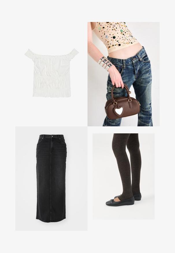 White off-the-shoulder top with ruffled accents, gathered texture, and an elasticized waistband. Made from soft cotton fabric.; Light blue denim shirt with a collared neck, button-down front, and long puffed sleeves. Features subtle texture and matching buttons.; Black denim maxi skirt with a straight cut, mid-rise waist, front pockets, and visible stitching along the seams.; Black flat shoes with a small bow detail at the toe, paired with dark brown ribbed tights. Shoes have a smooth texture and low profile.; Brown leather handbag with a heart-shaped accent, rounded design, gold hardware, held by a hand; paired with distressed denim and a beaded top.