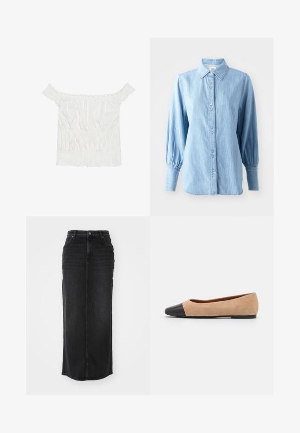 Weißes Off-Shoulder-Top mit Rüschendetails, gepufftem Textil und einem elastischen Bund. Hergestellt aus weichem Baumwollstoff.; Hellblaues Denim-Hemd mit Kragen, Knopfverschluss und langen Puffärmeln. Verfügt über eine dezente Textur und passende Knöpfe.; Schwarzer Denim-Maxi-Rock mit geradem Schnitt, mittelhoher Taille, Fronttaschen und sichtbaren Nähten entlang der Nähte.; Beige Wildleder Ballerina mit einer runden Zehenkappe aus schwarzem Leder, niedrigem Absatz und glatter Textur, mit minimaler Nahtverarbeitung und klarem Design.