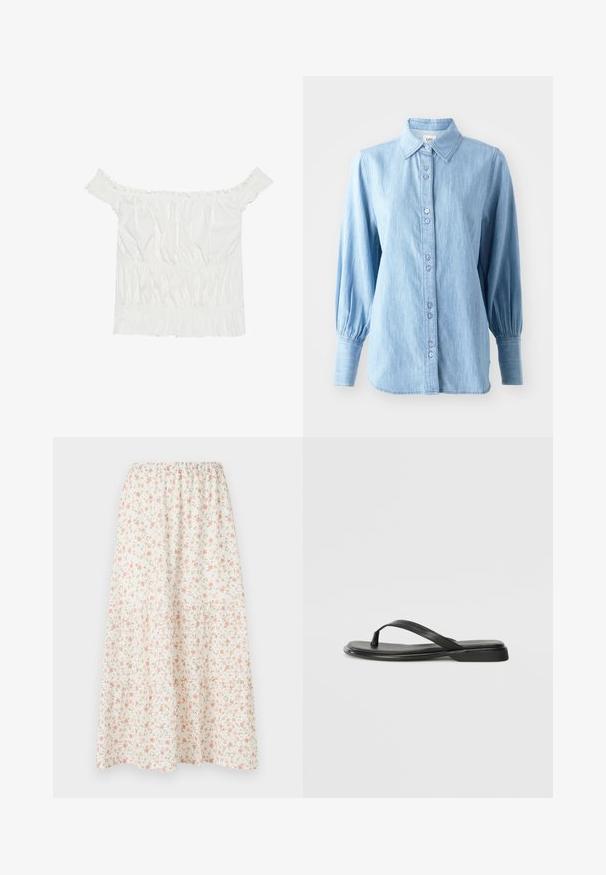 Witte off-shoulder top met gerimpelde accenten, gathering structuur en een elastische tailleband. Gemaakt van zachte katoenen stof.; Lichtblauwe spijkerblouse met een kraag, knoopsluiting aan de voorkant en lange, opbollende mouwen. Heeft een subtiele textuur en bijpassende knopen.; bloemen midi rok met een witte achtergrond en roze en groene bloemen, elastische tailleband en gelaagd ontwerp voor extra volume.; Zwarte teenflip-flop van glad leer, met een dunne band en een platte zool met een minimalistisch profiel. Geen opvallende patronen of accenten.