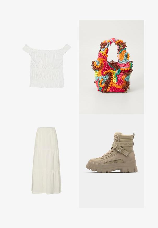 White off-the-shoulder top with ruffled accents, gathered texture, and an elasticized waistband. Made from soft cotton fabric.; White, tiered maxi skirt made of lightweight, textured fabric with an elastic waistband. Features three distinct fabric sections.; Tan high-top boots made of synthetic material, featuring a chunky sole, textured fabric accents, and a strap with logo detail.; Beaded handbag featuring vibrant colors: pink, orange, blue, and brown. Textured surface with circular beads and organic shapes, sturdy handles.; Gold-tone hoop earrings with a tortoiseshell-patterned resin outer edge, featuring a smooth finish and a sleek, circular shape.