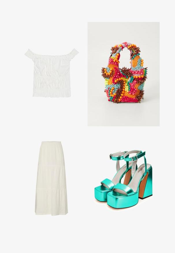 Bílý top s odhalenými rameny, s volánkovými detaily, nařasenou texturou a elastickým pasem. Vyrobeno z měkké bavlněné tkaniny.; Bílá, vrstvená maxi sukně vyrobená z lehké, strukturované tkaniny s elastickým pasem. Obsahuje tři odlišné části z různých látek.; Tyrkysové metalické platformové sandály s výrazným podpatkem. Mají široký přední pásek a nártní pásek s dekorativní sponou. Hladký povrch.; Beaded kabelka s živými barvami: růžovou, oranžovou, modrou a hnědou. Texturovaný povrch s kulatými korálky a organickými tvary, pevné uchy.