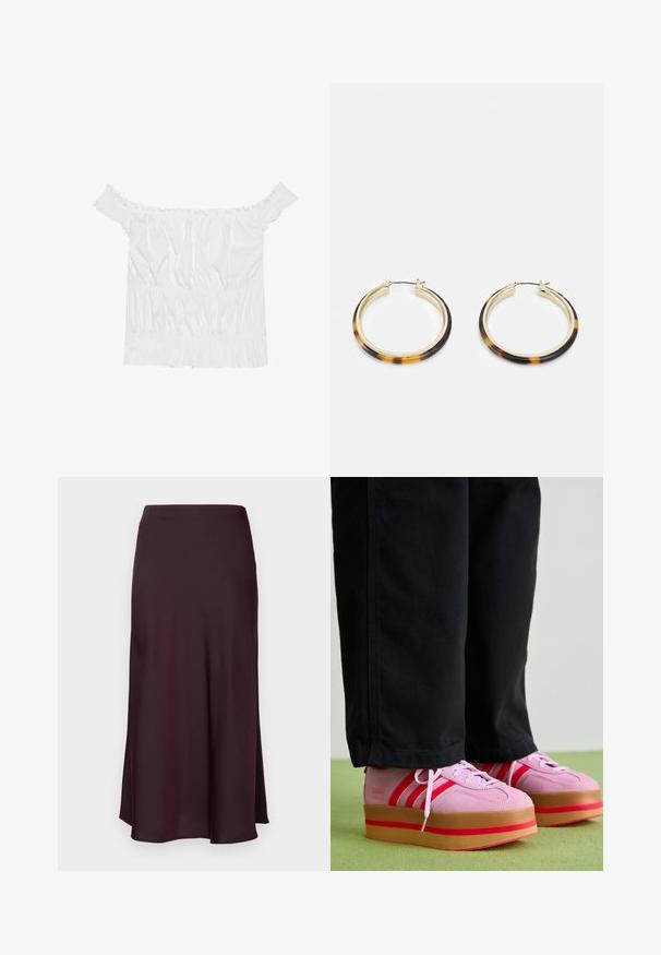 Top branco sem alças com detalhes em babados, textura franzida e cintura elástica. Feito de tecido de algodão macio.; Saia midi de cetim borgonha com uma textura suave, um corte direito e uma bainha ligeiramente evasé. Sem padrões visíveis ou detalhes em metal.; Sapatilhas plataformas em camurça rosa com detalhes em vermelho e três riscas, com uma sola espessa de borracha transparente, combinadas com calças pretas.; Brincos em formato de argola dourada com uma borda exterior em resina com padrão tartaruga, apresentando um acabamento suave e uma forma circular elegante.
