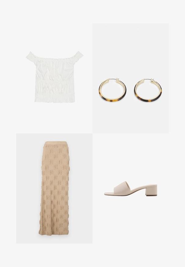Haut blanc à épaules dénudées avec des accents volantés, une texture froncée et une taille élastique. Fabriqué en doux coton.; Jupe maxi en tricot beige présentant un motif texturé avec des accents effilochés tout au long et une taille côtelée. Matière lisse et flexible.; Sandale à talon bloc beige avec une large lanière et une ouverture à l'orteil. Matériau lisse et design épuré. Talon court et robuste pour plus de stabilité.; Boucles d'oreilles en métal doré avec un bord extérieur en résine à motif écaille de tortue, dotées d'une finition lisse et d'une forme circulaire élégante.