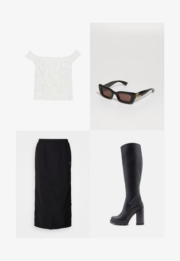 Un top alb off-the-shoulder cu accente volanate, textură pliată și talie elastică. Fabricat dintr-un material moale din bumbac.; Fustă sport neagră, cu bandă elastică la talie, având slituri pe laterale pentru un plus de confort în mișcare și un detaliu de branding minim pe partea dreaptă.; Cizmă neagră până la genunchi, din piele netedă, cu toc masiv, vârf rotund, talpă texturată cu aderență, design elegant fără embellishments.; Ochelari de soare tortoiseshell negri cu lentile dreptunghiulare, nuanță de maron, ramă groasă și detaliu cu logo dublu-G aurie pe temple.; Cercei cu formă rotundă, de culoare auriu, cu un margine exterioară din rășină cu model țestoasă, având un finisaj neted și o formă elegantă.
