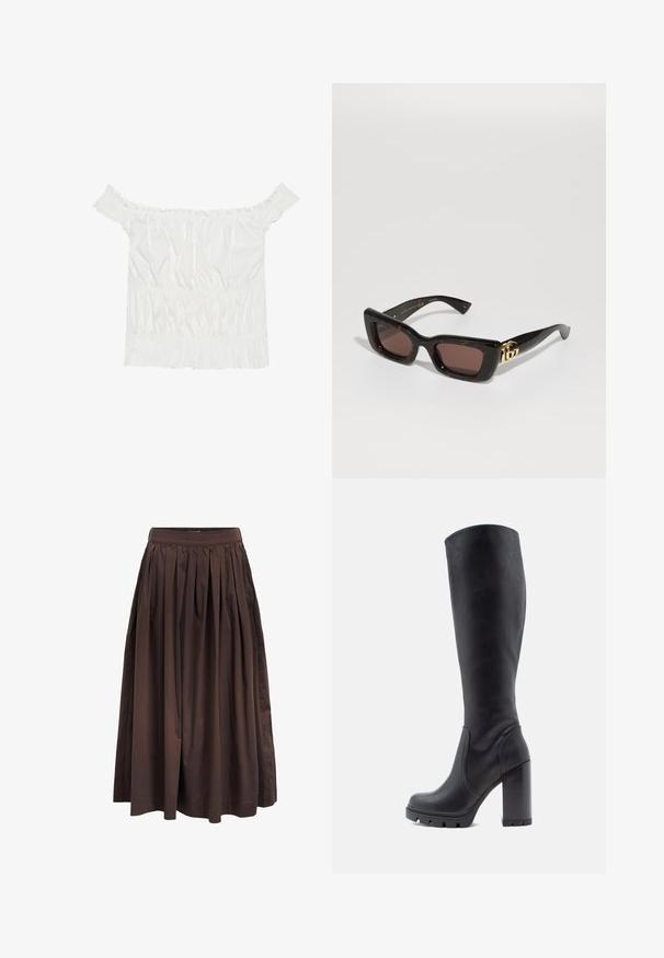 Hvid off-the-shoulder top med flæse-accenter, samlet tekstur og elastisk talje. Lavet af blødt bomuldsstof.; Brun plisseret midi-nederdel med høj talje, lavet af glat stof, der har en fuld silhuet og sidelommer for ekstra funktionalitet.; Sort knæhøj støvle, glat lædermateriale, kraftig hæl, rund tå, tekstureret sål med greb, slankt design uden udsmykninger.; Sorte skildpadde solbriller med rektangulære linser, brun tint, tyk ramme og guld dobbelt-G logo detalje på stangen.; Guldtonede hoop øreringe med en skildpadde-mønstret harpikskant, der har en glat finish og en elegant, rund form.