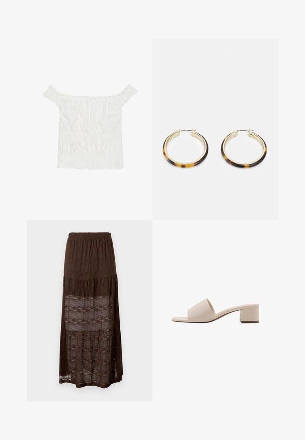 Weißes Off-Shoulder-Top mit Rüschendetails, gepufftem Textil und einem elastischen Bund. Hergestellt aus weichem Baumwollstoff.; Brauner Spitzen-Maxi-Rock mit einem gestuften Design, featuring einen gerafften Bund und wellenförmige Muster im gesamten Stoff. Leicht und halbtransparent.; Beige Blockabsatzsandale mit breitem Riemen und offenem Zeh. Glattes Material und elegantes Design. Kurzer, stabiler Absatz für mehr Stabilität.; Goldfarbene Creolen Ohrringe mit einem äußeren Rand aus tortoiseshell-musterendem Harz, die eine glatte Oberfläche und eine schlanke, runde Form aufweisen.