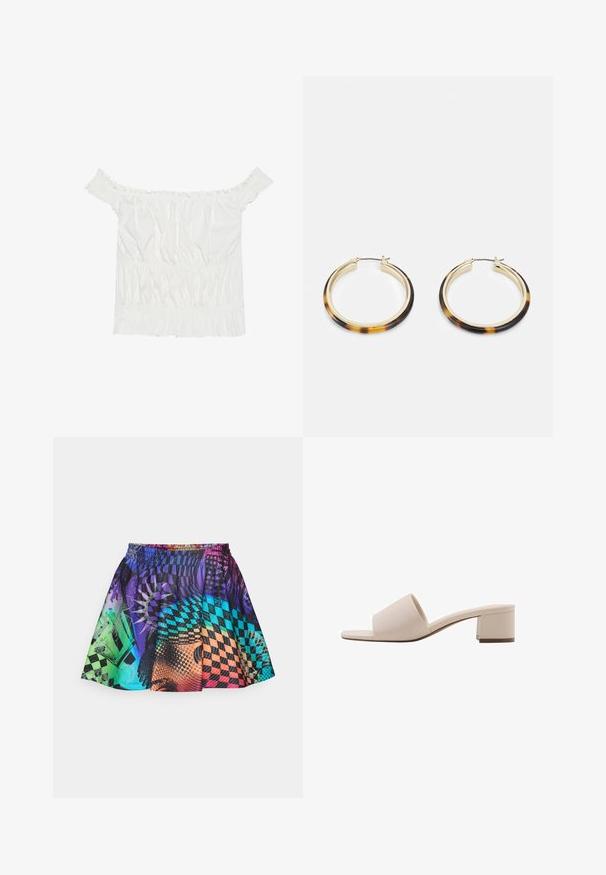 Bílý top s odhalenými rameny, s volánkovými detaily, nařasenou texturou a elastickým pasem. Vyrobeno z měkké bavlněné tkaniny.; Barevná sukně s mixem vzorů v purpurové, modré, zelené a oranžové barvě. Elastický pas a plisovaný design zvyšují pohyb.; Béžová sandála na bloku s širokým páskem a otevřenou špičkou. Hladký materiál a elegantní design. Krátký, pevný podpatek pro stabilitu.; Zlaté kruhové náušnice s venkovním okrajem vzoru želvoviny, které mají hladký povrch a elegantní, kulatý tvar.