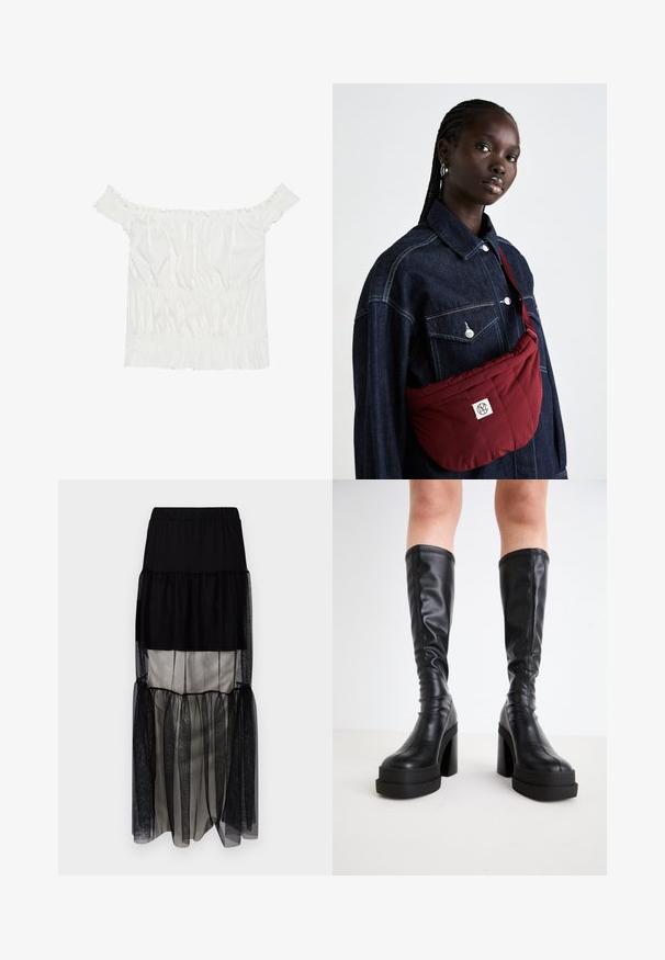 Valkoinen olkapään yli ulottuva paita, jossa on röyhelökoristeita, rypytetty pinta ja joustava vyötärö. Valmistettu pehmeästä puuvillakankaasta.; Mustat kerrokselliset maxi-hameet, joissa on joustava vyötärö, läpikuultavat tulle-paneelit, kontrastoiva satiinivuori ja virtaava siluetti.; Mustat polvimittaiset saappaat, jotka on valmistettu sileästä nahasta, paksulla alustalla ja lohkokannalla, ja joissa on ommeltuja yksityiskohtia reunoilla.; Burgundin värinen tikkitaskuolkalaukku, jossa on suorakaiteen muoto, varustettuna logopatchilla, käytetty tumman farkkutakin päällä, jossa on kaksi etutaskua.