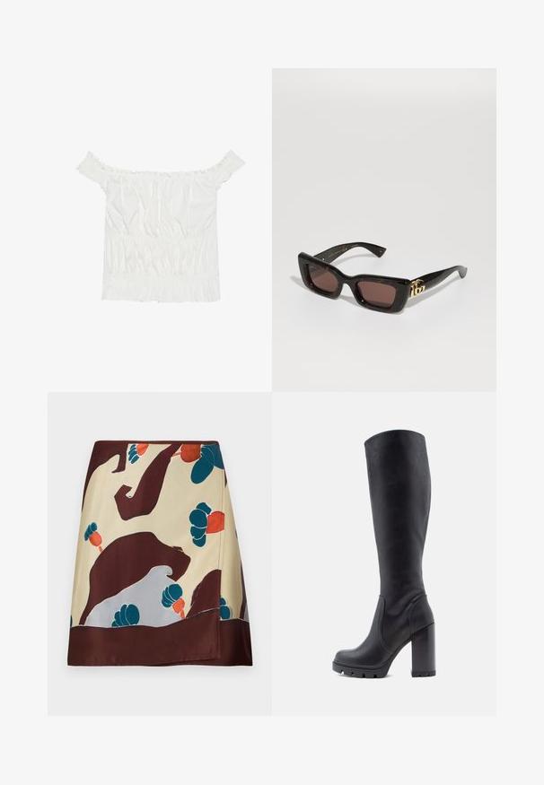 Bijela bluzica bez naramenica s volanima, naboranom teksturom i elastičnom gumicom u struku. Izrađena od mekanog pamučnog materijala.; Svilena suknja s bež pozadinom i apstraktnim cvjetnim uzorcima u burgundcu, tirkizu i crvenoj boji; rub ima tamno burgundsku završnicu.; Crne čizmice do koljena, od glatke kože, s punom petom, zaobljenim vrhom, teksturiranom potplatom s gripom, elegantnog dizajna bez ukrasa.; Crne kornjačaste sunčane naočale s pravokutnim lećama, smešnim tonom, debelim okvirom i zlatnim dvostrukim G logom na ručki.; Zlatne hoop naušnice s vanjskim rubom od smole s uzorkom kornjače, s glatkom završnom obradom i elegantnim, kružnim oblikom.