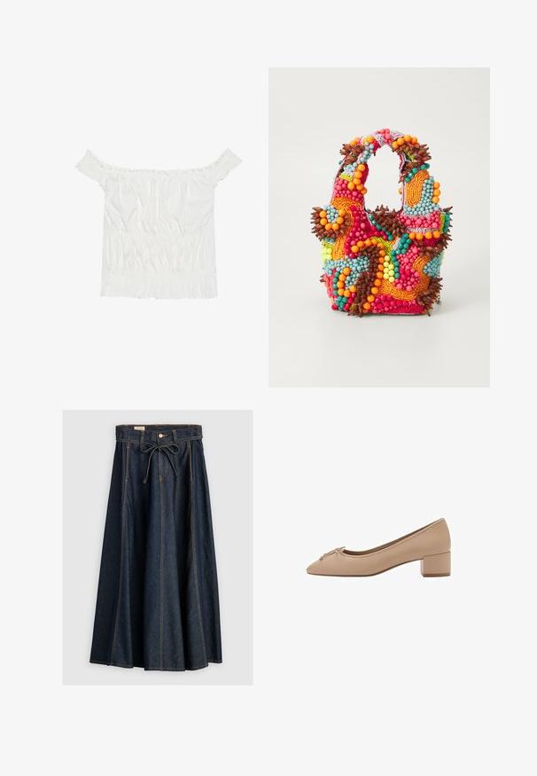 Witte off-shoulder top met gerimpelde accenten, gathering structuur en een elastische tailleband. Gemaakt van zachte katoenen stof.; Levi's® XL SKIRT - Jeansrok - square circle; Beige leren pump met een spitse neus, een klein strikje aan de voorkant en een vierkante lage hak. Gladde textuur met minimale stiksels.; Beaded handtas met levendige kleuren: roze, oranje, blauw en bruin. Getextureerd oppervlak met ronde kralen en organische vormen, stevige handvatten.; Gouden hoepeloorbellen met een tortoisepatroon van hars aan de buitenrand, met een gladde afwerking en een strakke, ronde vorm.