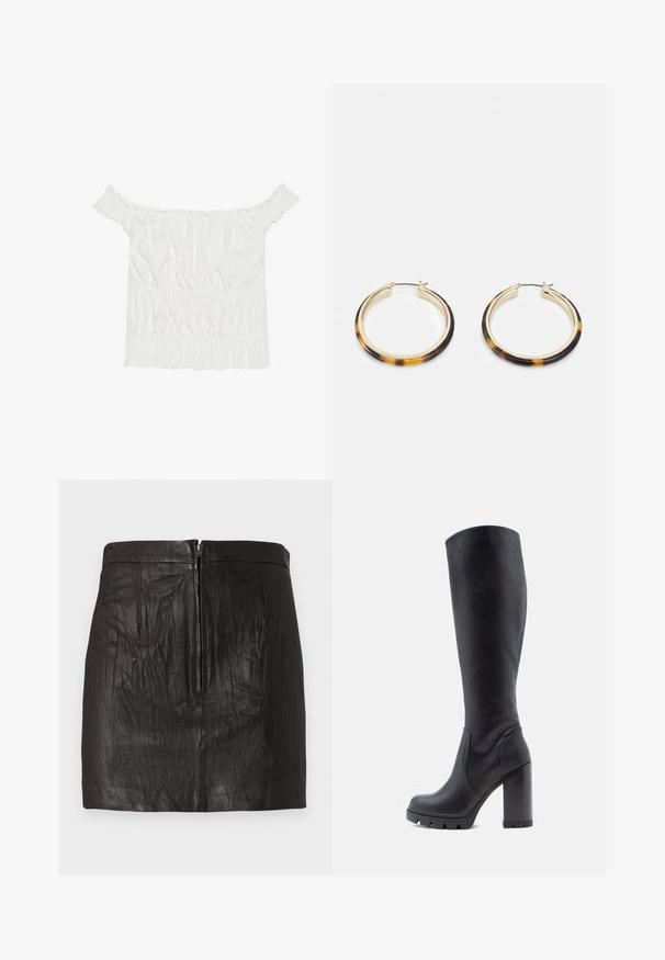 Balta be rankovių viršutinė dalis su raukšlėmis, susiraukšlėjusiu paviršiumi ir elastingu juosmeniu. Pagaminta iš minkštos medvilnės medžiagos.; Juoda odinė mini sijonas su priekiniais užtrauktukais ir subtiliais vertikalių siūlių detalėmis ant vientisos fono.; Juodi iki kelių auliniai batai, lygaus odos paviršiaus, masyvi pakulnė, apvali nosis, tekstūruota padas su sukibimu, elegantiškas dizainas be papuošimų.; Auksinės spalvos auskarai su torto kiauto raštu pagaminta dirbtinės dervos išorine dalimi, turintys lygią apdailą ir elegantišką, apvalią formą.