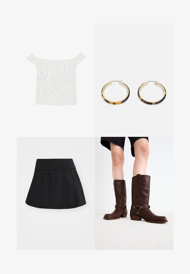 Un top alb off-the-shoulder cu accente volanate, textură pliată și talie elastică. Fabricat dintr-un material moale din bumbac.; Fustă sport neagră cu talie elastică, design evazat, textură netedă și buzunare laterale. Potrivită pentru îmbrăcăminte sport sau ieșiri casuale.; Cizme din piele maro, până la genunchi, cu vârf rotunjit, suprafață texturată, curea la gleznă și detalii din metal argintiu; toc înălțat.; Cercei cu formă rotundă, de culoare auriu, cu un margine exterioară din rășină cu model țestoasă, având un finisaj neted și o formă elegantă.