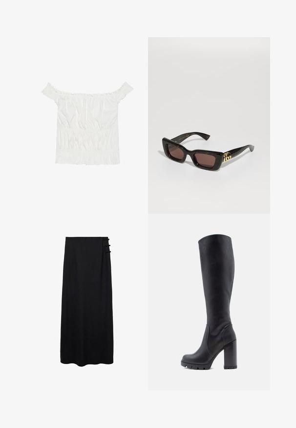 Bela bluzo brez naramnic z nabranimi detajli, nabranim teksturiranjem in elastičnim pasom. Narejena iz mehkega bombažnega blaga.; Črna maksi krila z gladko teksturo, ki ima stransko zaklepanje s tremi zankami za dodaten detajl. Dolžina do tal.; Črne čizmice do kolen, gladek usnjeni material, masiven peta, zaobljen nos, teksturirana podplat z oprijemom, eleganten dizajn brez okrasnih elementov.; Črne želvje sončne očala s pravokotnimi lečami, rjavim odtenkom, debelim okvirjem in zlatim dvojnega G logotipom na obročku.; Zlato-tonirane obročeve uhane s zunanjim robom iz smole s školjčnim vzorcem, ki se ponašajo z gladko površino in elegantno, krožno obliko.
