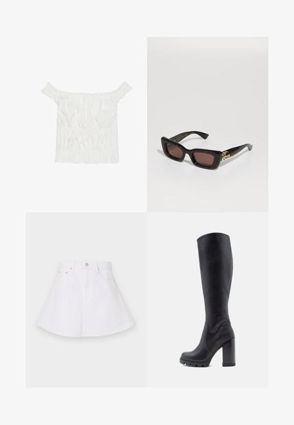 Bílý top s odhalenými rameny, s volánkovými detaily, nařasenou texturou a elastickým pasem. Vyrobeno z měkké bavlněné tkaniny.; Bílá denimová sukně s rozšířeným střihem, vybavená úzkým pasem, pěti kapsami a knoflíkovým zapínáním vpředu. Hladká textura.; Černé kozačky po kolena, hladká kožená materiál, robustní podpatek, zaoblená špička, texturovaná podrážka s gripem, elegantní design bez ozdob.; Černé želvovinové sluneční brýle s obdélníkovými skly, hnědým tónem, silným rámem a zlatým detailem dvojitého G loga na spánku.; Černá textilní taška s jedním širokým ramenním popruhem. Měkký, polosunkční tvar a hladký povrch; minimalistický design, bez viditelného kovového hardware.; Zlaté kruhové náušnice s venkovním okrajem vzoru želvoviny, které mají hladký povrch a elegantní, kulatý tvar.