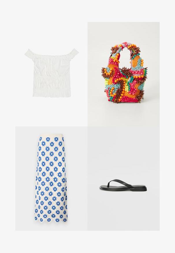 Haut blanc à épaules dénudées avec des accents volantés, une texture froncée et une taille élastique. Fabriqué en doux coton.; Jupe maxi en dentelle blanche avec des motifs floraux bleus. L'ourlet festonné et le design texturé ajoutent du détail au tissu.; Tongs noires en cuir lisse, avec un design de sangle fine et une semelle plate à profil minimal. Aucun motif ou accent notables.; Sac à main en perles aux couleurs vives : rose, orange, bleu et marron. Surface texturée avec des perles circulaires et des formes organiques, poignées robustes.