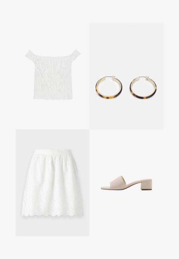 Bijela bluzica bez naramenica s volanima, naboranom teksturom i elastičnom gumicom u struku. Izrađena od mekanog pamučnog materijala.; Bijela suknja od čipkastog materijala sa valovitim rubom. Ima gumirani pojas i složene izrezane uzorke po cijeloj tkanini.; Bež sandala s blok petom, širokom trakom i otvorenim prstima. Glatki materijal i elegantan dizajn. Kratka, čvrsta peta za stabilnost.; Zlatne hoop naušnice s vanjskim rubom od smole s uzorkom kornjače, s glatkom završnom obradom i elegantnim, kružnim oblikom.