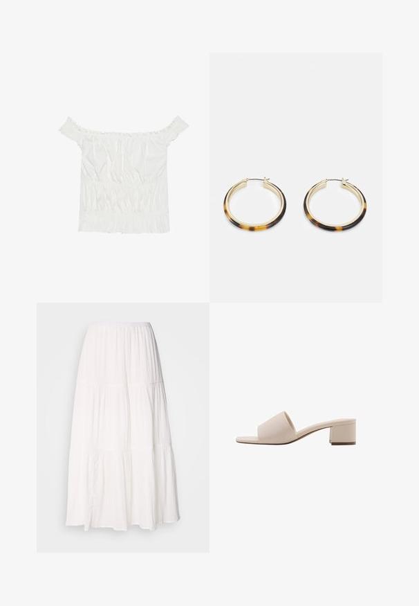 White off-the-shoulder top with ruffled accents, gathered texture, and an elasticized waistband. Made from soft cotton fabric.; White, tiered midi skirt with a smocked waistband, featuring soft, lightweight fabric and a slightly crinkled texture.; Beige block-heeled sandal with a wide strap and open toe. Smooth material and sleek design. Short, sturdy heel for stability.; Gold-tone hoop earrings with a tortoiseshell-patterned resin outer edge, featuring a smooth finish and a sleek, circular shape.
