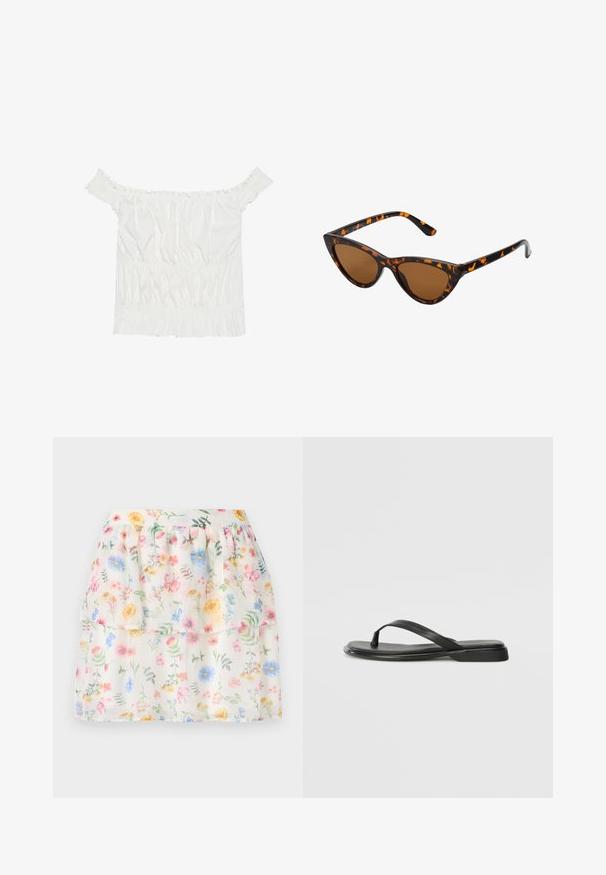 Bijela bluzica bez naramenica s volanima, naboranom teksturom i elastičnom gumicom u struku. Izrađena od mekanog pamučnog materijala.; Bijela suknja s cvjetnim uzorkom s višestrukim slojevima koja sadrži pastelne cvjetove sa zelenim naglaskom. Izrađena od lagane tkanine, s nabranim strukom.; Crne japanke od glatke kože, s tankim remenčićem i ravnim potplatom minimalističkog profila. Bez značajnih uzoraka ili akcenata.; Sunglasses u obliku mačjih očiju s okvirom u crno-narančastom kornjačevom uzorku, smešnim lećama i elegatnim, šiljastim vrhovima. Sadrži minimalni logo na dršci.; Tkana torba od slame s zakrivljenim oblikom, s tamnom kožnom trakom i teksturiranom površinom s chevron uzorkom.
