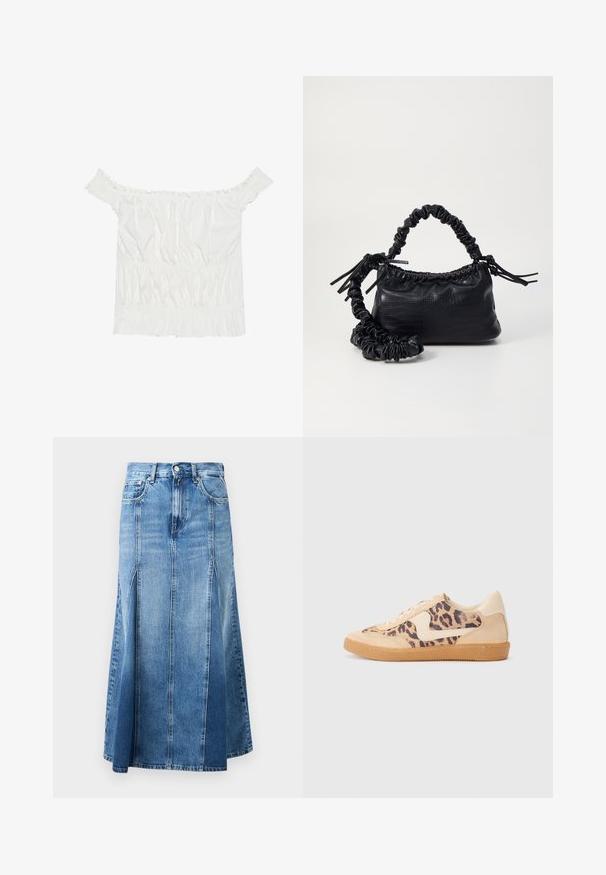 Balta blūze bez piedurknēm ar viļņainiem akcentiem, grumbainu tekstūru un elastīgu jostasvietu. Izgatavota no maigas kokvilnas auduma.; Denim svārki ar gaismas līdz tumši zilām toņiem, līdz ceļgalam, taisnā piegriezumā, ar priekšējiem izgriezumiem un klasisko pogu un rāvējslēdzēja aizdari.; Leoparda drukas kedas ar beidzējo zamša virsu, brūnu gumijas zoli un baltām akcenta detaļām. Apļveida purngals un auklu aizdare ar strukturētu virsmu.; Melnā mākslīgās ādas rokassoma ar krokodila rakstu, savilkta augšdaļa un saburzīta siksna. Izskatās mīksta un kompakta pēc dizaina.