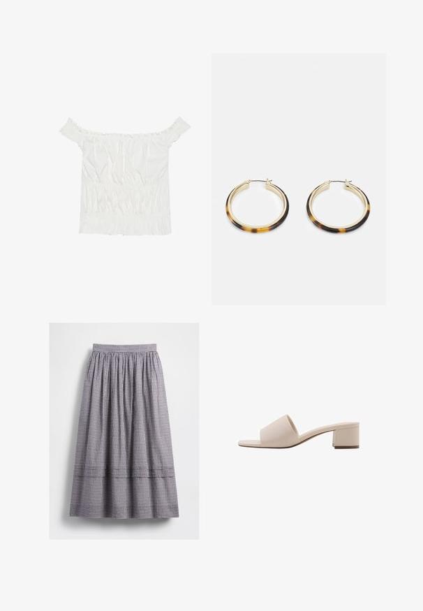 Haut blanc à épaules dénudées avec des accents volantés, une texture froncée et une taille élastique. Fabriqué en doux coton.; Jupe midi à carreaux noirs et blancs, dotée d'une ceinture élastique, d'une texture froncée, et de détails de coutures apparentes le long de l'ourlet.; Sandale à talon bloc beige avec une large lanière et une ouverture à l'orteil. Matériau lisse et design épuré. Talon court et robuste pour plus de stabilité.; Boucles d'oreilles en métal doré avec un bord extérieur en résine à motif écaille de tortue, dotées d'une finition lisse et d'une forme circulaire élégante.