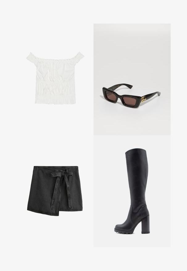 Top bianco senza spalline con dettagli arricciati, texture plissettata e vita elasticizzata. Realizzato in morbido cotone.; Gonna avvolgente in denim nero con cinturino a fascia, orlo asimmetrico e texture liscia. Presenta dettagli di cucitura lungo i bordi.; Stivale nero fino al ginocchio, materiale in pelle liscia, tacco spesso, punta tonda, suola testurizzata con grip, design elegante senza adornamenti.; Occhiali da sole in tartaruga nera con lenti rettangolari, tonalità marrone, montatura spessa e dettagli con logo doppia G dorato sulle tempie.; Orecchini a cerchio in tonalità oro con bordo esterno in resina dal motivo tartaruga, dotati di una finitura liscia e di una forma circolare elegante.