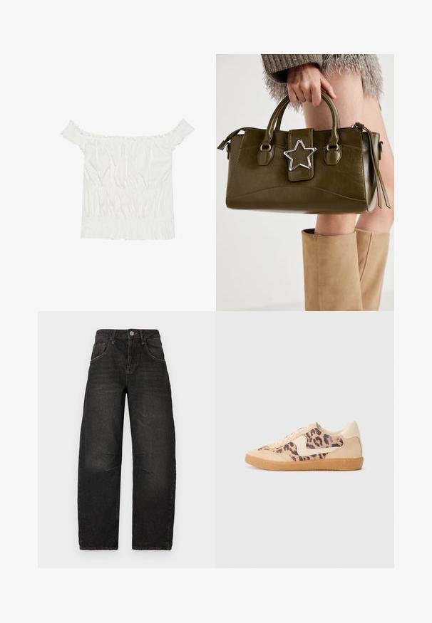 Bílý top s odhalenými rameny, s volánkovými detaily, nařasenou texturou a elastickým pasem. Vyrobeno z měkké bavlněné tkaniny.; Černé džíny z denimu se rovným střihem, pěti kapsami, viditelným švem a zapínáním na přední knoflík. Texturovaná látka s mírným vyblednutím.; Tenisky s leopardím vzorem, s béžovým semišovým svrškem, hnědou gumovou podrážkou a bílými akcenty. Kulatý špička a šněrovací design s texturovaným povrchem.; Olivově zelená kabelka z imitace kůže se stříbrnou hvězdou, dvojitými rukojeťmi a zipovým uzávěrem. Texturovaný povrch a strukturovaný tvar.