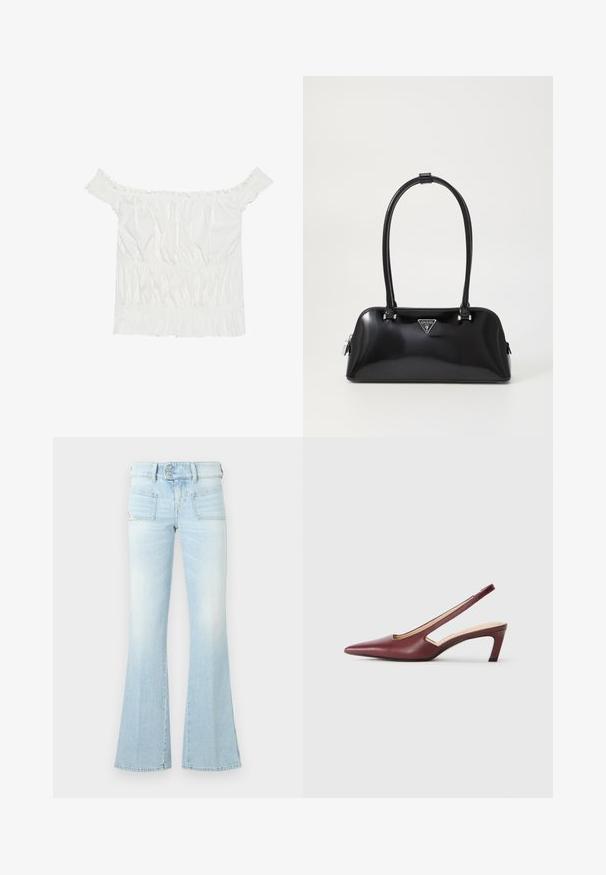 Valkoinen olkapään yli ulottuva paita, jossa on röyhelökoristeita, rypytetty pinta ja joustava vyötärö. Valmistettu pehmeästä puuvillakankaasta.; Vaaleansiniset levenevät farkut haalistuneessa denimmateriaalissa, joissa on kaksi etutaskua, napillinen vyötärö ja kontrastiväriset ompeluseokset. Pintakuvio on sileä.; Burgundin väriset slingback-kengät, joilla on terävä kärki, leikattu yksityiskohta sivuilla ja keskipitkä, lohkokorko. Sileä nahkapinta.; Musta kiiltävä käsilaukku, jossa on kaareva siluetti, kaksi kahvaa ja etupuolella logo-plakaatti. Vetoketjusulku ja kiiltävät metalliosat.