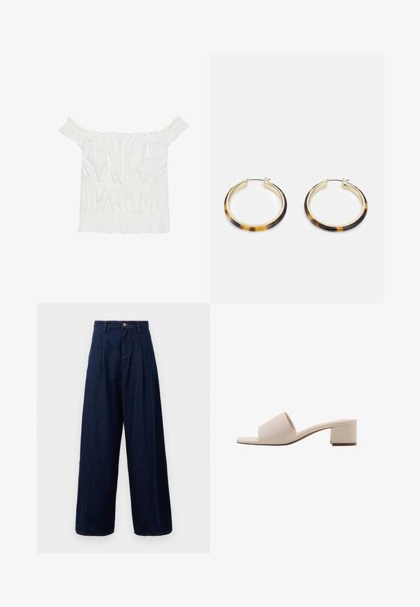 White off-the-shoulder top with ruffled accents, gathered texture, and an elasticized waistband. Made from soft cotton fabric.; Dark blue denim wide-leg trousers with a high waist, pleated front, and classic button closure, featuring side pockets and contrasting stitching.; Beige block-heeled sandal with a wide strap and open toe. Smooth material and sleek design. Short, sturdy heel for stability.; Gold-tone hoop earrings with a tortoiseshell-patterned resin outer edge, featuring a smooth finish and a sleek, circular shape.