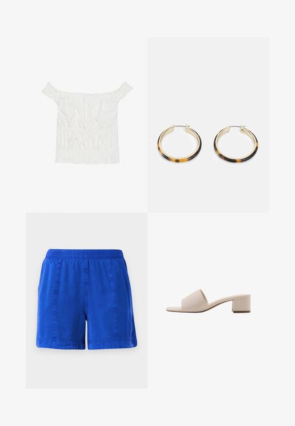 Bijela bluzica bez naramenica s volanima, naboranom teksturom i elastičnom gumicom u struku. Izrađena od mekanog pamučnog materijala.; Plave pamučne kratke hlače s elastičnim pojasom, bočnim džepovima i šivenim šavovima, s glatkom teksturom i ležernim dizajnom.; Bež sandala s blok petom, širokom trakom i otvorenim prstima. Glatki materijal i elegantan dizajn. Kratka, čvrsta peta za stabilnost.; Zlatne hoop naušnice s vanjskim rubom od smole s uzorkom kornjače, s glatkom završnom obradom i elegantnim, kružnim oblikom.