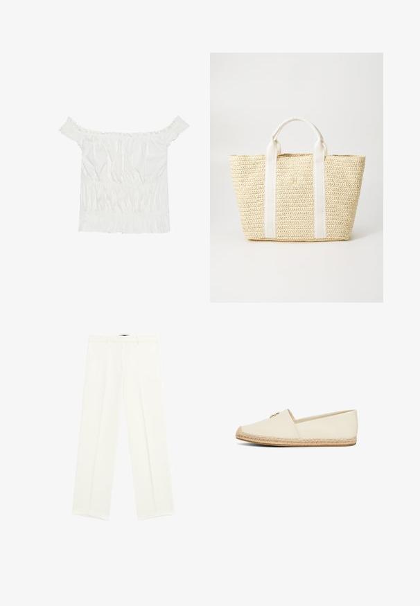White off-the-shoulder top with ruffled accents, gathered texture, and an elasticized waistband. Made from soft cotton fabric.; White wide-leg trousers with a smooth fabric, featuring two front pockets and a flat front design. Clean lines and no visible patterns.; Cream-colored espadrille slip-on shoe with a woven jute sole, featuring a rounded toe and a subtle decorative accent on the side.; Woven straw tote bag in natural beige, featuring white fabric handles with embossed accents, structured shape, and open top design.