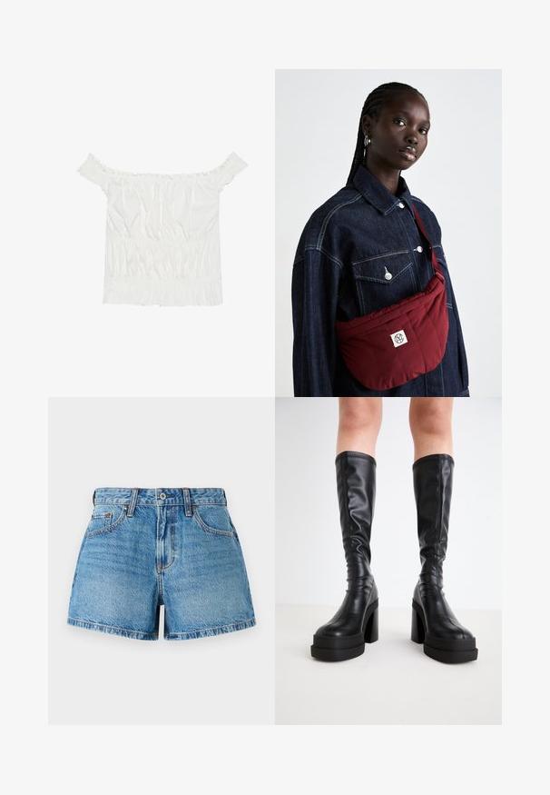 Balta blūze bez piedurknēm ar viļņainiem akcentiem, grumbainu tekstūru un elastīgu jostasvietu. Izgatavota no maigas kokvilnas auduma.; Gaiši zilo mazgāto džinsu šorti ar augstu jostu, tradicionālo piecu kabatu dizainu un kontrastējošu dūrienu, kas nodrošina detaļas tekstūru.; Melni ceļgala zābaki, kas izgatavoti no gludas ādas, ar biezu platformu un kvadrātveida papēdi, rotāti ar izšūtu apdari gar malām.; Burgundijas krāsas kvilts pleca soma ar taisnstūra formu, ar logotipa uzlīmi, nēsāta pār tumšā džinsu jaku ar divām priekšējām kabatām.