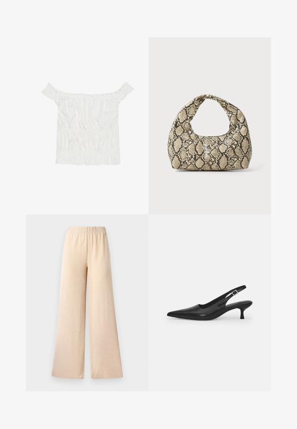 Bílý top s odhalenými rameny, s volánkovými detaily, nařasenou texturou a elastickým pasem. Vyrobeno z měkké bavlněné tkaniny.; Kalhoty s širokými nohavicemi v světle béžové barvě, vyrobené z texturované tkaniny a s elastickým pasem pro pohodlí. Bez kapes nebo viditelných zapínání.; Černá kožená nazouvací bota se špičatou špičkou a štíhlým zakřiveným podpatkem. Obsahuje diskrétní nastavitelný pásek s kovovou sponou.; Kabelka s hadím vzorem a zakřiveným držadlem. Vyrobena z texturovaných béžových a hnědých materiálů, s charakteristickým diamantovým vzorem.