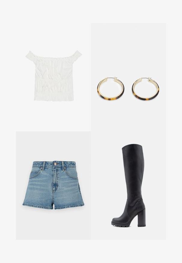Bijela bluzica bez naramenica s volanima, naboranom teksturom i elastičnom gumicom u struku. Izrađena od mekanog pamučnog materijala.; Svijetloplave traper kratke hlače s visokim strukom, rastrganim rubom, kontrastnim šavovima i prednjim džepovima. Uključuju metalnu dugmad i oznaku marke.; Crne čizmice do koljena, od glatke kože, s punom petom, zaobljenim vrhom, teksturiranom potplatom s gripom, elegantnog dizajna bez ukrasa.; Zlatne hoop naušnice s vanjskim rubom od smole s uzorkom kornjače, s glatkom završnom obradom i elegantnim, kružnim oblikom.