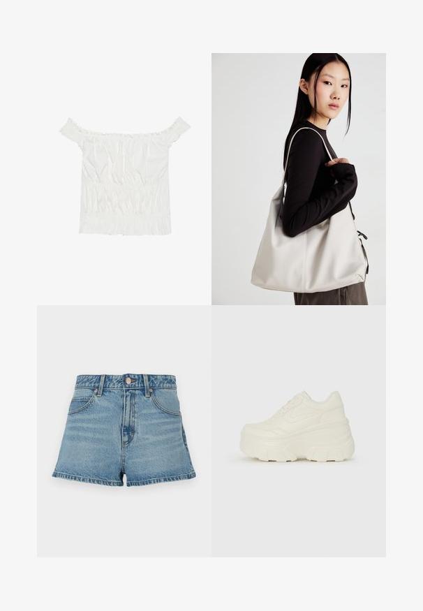 Valkoinen olkapään yli ulottuva paita, jossa on röyhelökoristeita, rypytetty pinta ja joustava vyötärö. Valmistettu pehmeästä puuvillakankaasta.; Vaaleansiniset farkkushortsit, joissa on korkea vyötärö, kuluneet reunat, erottuva tikkaus ja etutaskut. Mukana metallinappi ja merkkilappu.; Valkoiset tasapohjakengät, joissa on sileä nahkamainen päällinen, pyöristetty muoto, pehmustettu nilkkaosa ja texturoitu kumipohja, jossa on hyvin määritellyt urat.; Beige laukku, joka on valmistettu pehmeästä materiaalista, ja siinä on rento muotoilu, ommeltu yksityiskohtia ja kaksi olkahihnaa. Sopii päivittäiseen käyttöön.