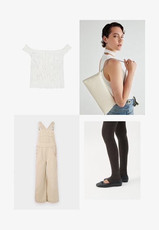 Biela blúzka bez ramienok s volánikmi, riasenou textúrou a elastickým pásom. Vyrobená z jemnej bavlnenej tkaniny.; Béžové pruhované nohavice s širokými nohavicami, s nastaviteľnými ramienkami, kovovými gombíkmi, prednými vreckami a vreckom na hrudi.; Čierne ploché topánky s malou mašľou na špičke, v kombinácii s tmavohnedými rebrovanými pančuchami. Topánky majú hladký povrch a nízky profil.; Biely obdĺžnikový kabelka z lesklého materiálu s strieborným reťazovým popruhom. Model predvádza kabelku na jednotnom pozadí.