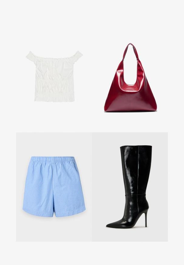 Haut blanc à épaules dénudées avec des accents volantés, une texture froncée et une taille élastique. Fabriqué en doux coton.; Shorts bleu ciel avec des rayures verticales blanches, taille élastique, longueur mi-cuisse et texture en coton lisse.; Bottes noires en cuir, hautes jusqu'au genou, avec un bout pointu et un talon aiguille haut. Texture lisse et design épuré, avec un minimum de détails.; Sac à main en cuir laqué rouge de forme triangulaire, avec une large ouverture en haut et une seule anse courbée. Texture lisse avec des détails de couture minimaux.; Ensemble de boucles d'oreilles en argent présentant divers designs : créoles, puces et styles pendants, avec des accents de billes et des éléments pointus.
