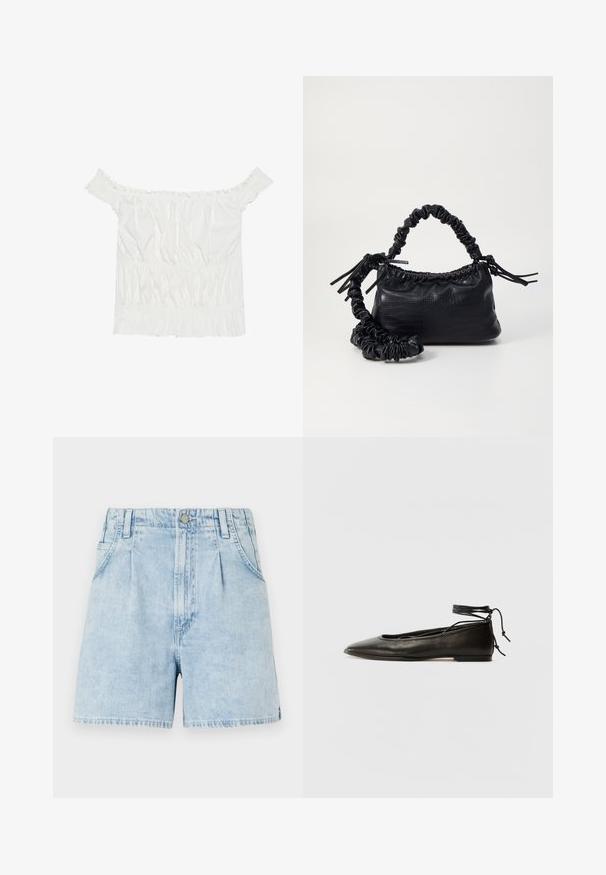 Biela blúzka bez ramienok s volánikmi, riasenou textúrou a elastickým pásom. Vyrobená z jemnej bavlnenej tkaniny.; Svetlomodré džínsy s vysokým pásom, so záhybmi vpredu, dvoma bočnými vreckami a zapínaním na gombík. Mäkkučká, textúrovaná tkanina.; Čierne kožené baletky s špicatou špičkou, viazaním okolo členka a plochou podrážkou, s hladkou textúrou a minimalistickým dizajnom.; Čierna umelá kožená kabelka s kroko vzorom, sťahovaným vrchom a zhnutým popruhom. Vyzerá mäkko a kompaktné v dizajne.